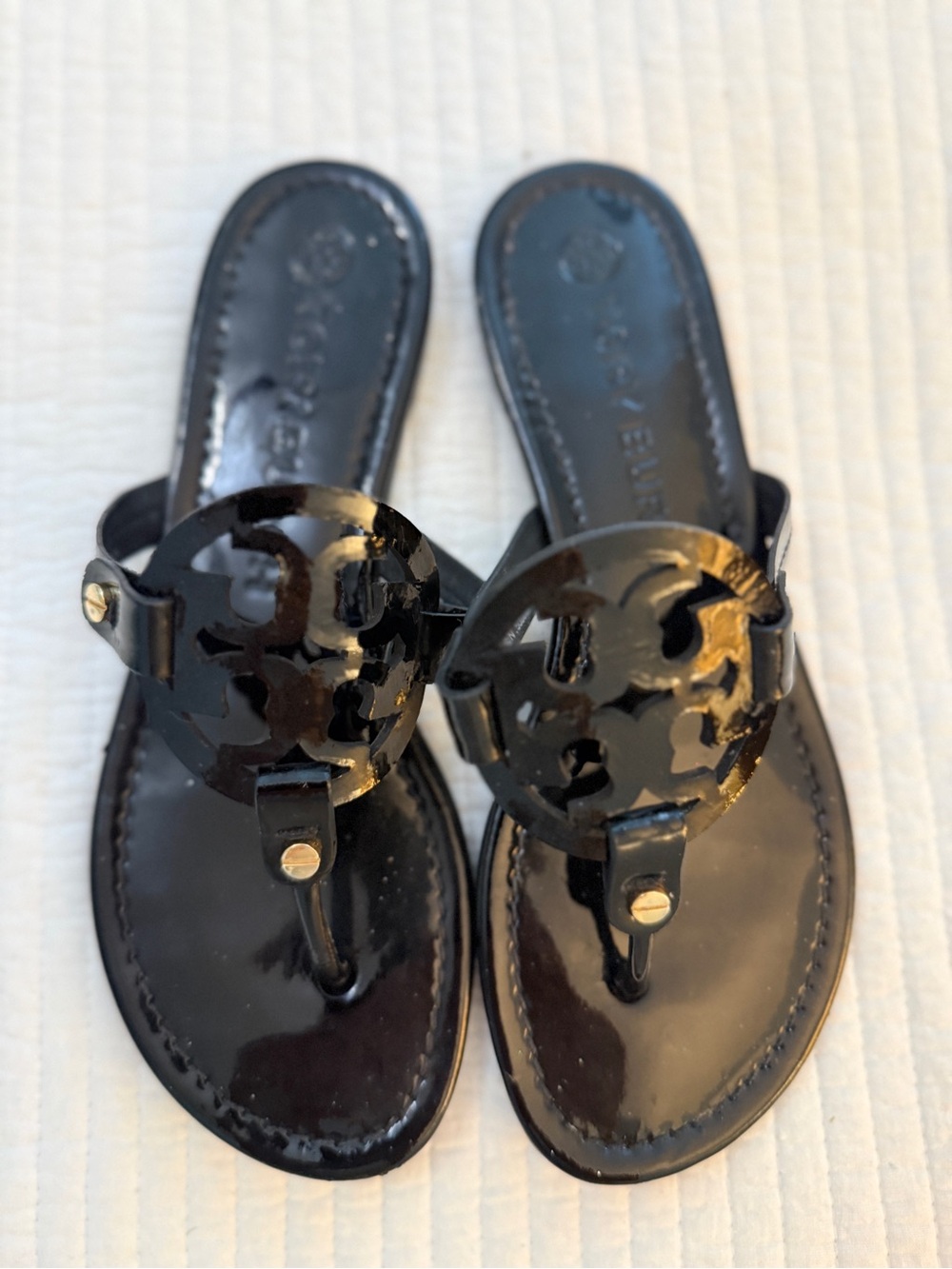 Tory Burch Black Patent Logo Thong Sandals